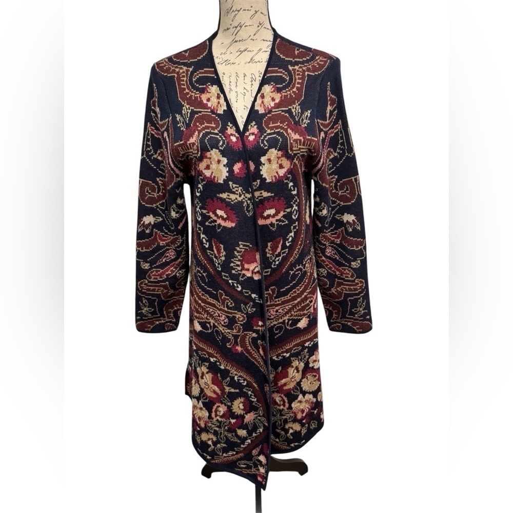 Vertigo Paris Sweater Long Length Cardigan Paisley Floral Navy Berry Size Large
